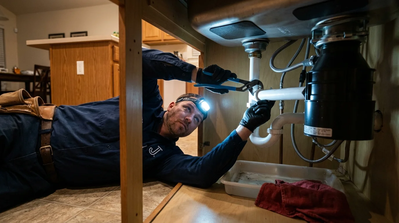 P-trap and supply line connections under a kitchen sink showing a common leak point in Danville, PA